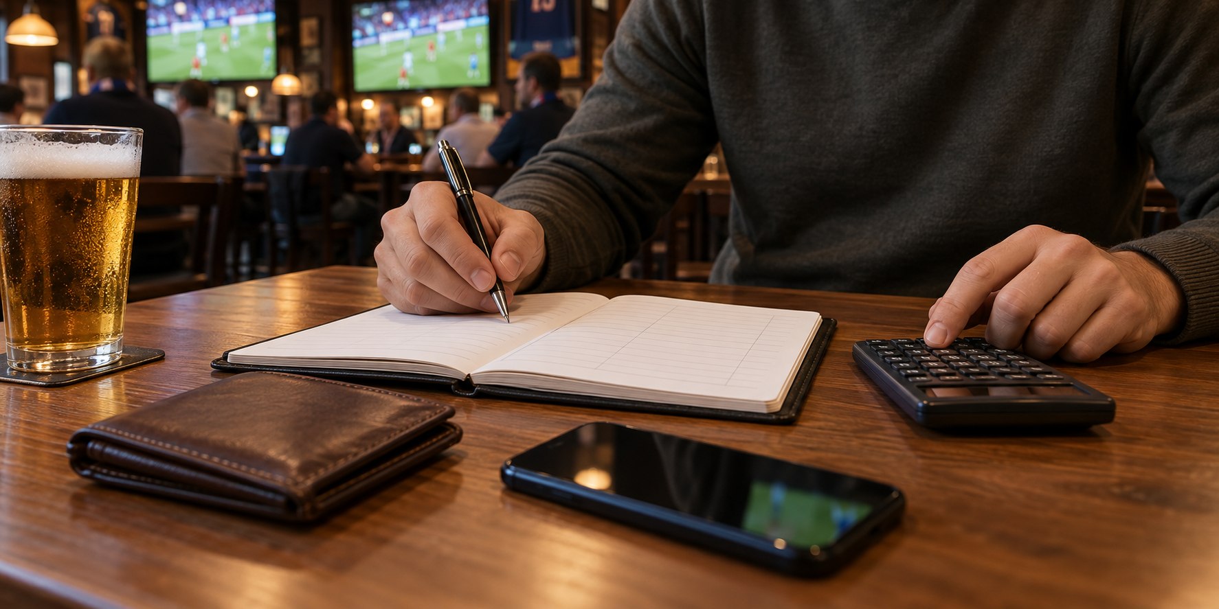 A notebook, calculator and wallet are arranged for careful entertainment budgeting.