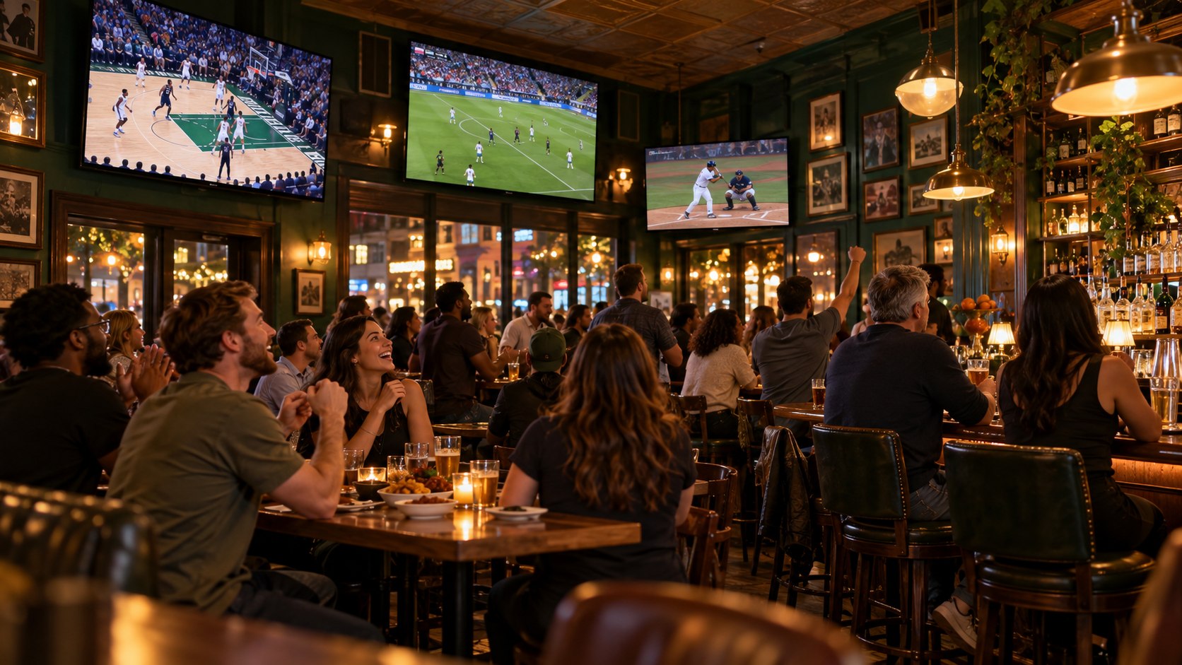 Guests watch basketball, soccer and baseball on screens around a neighborhood pub.