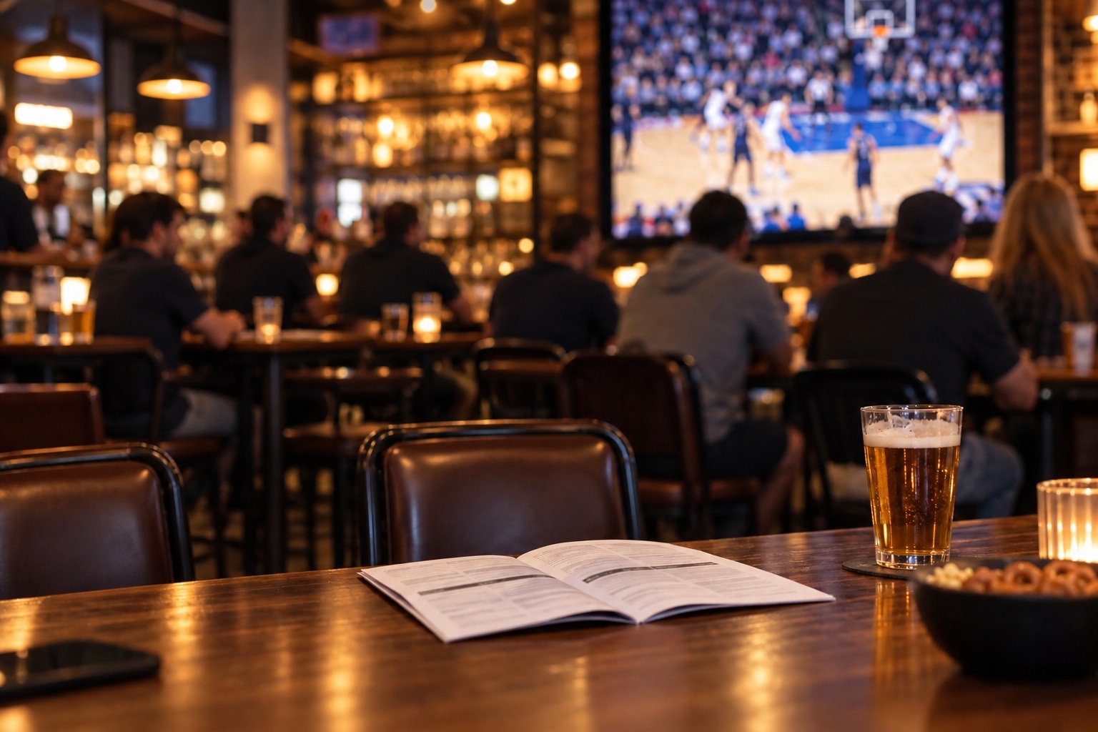 A fan reviews a game ticket and rules booklet with a basketball game in the background.