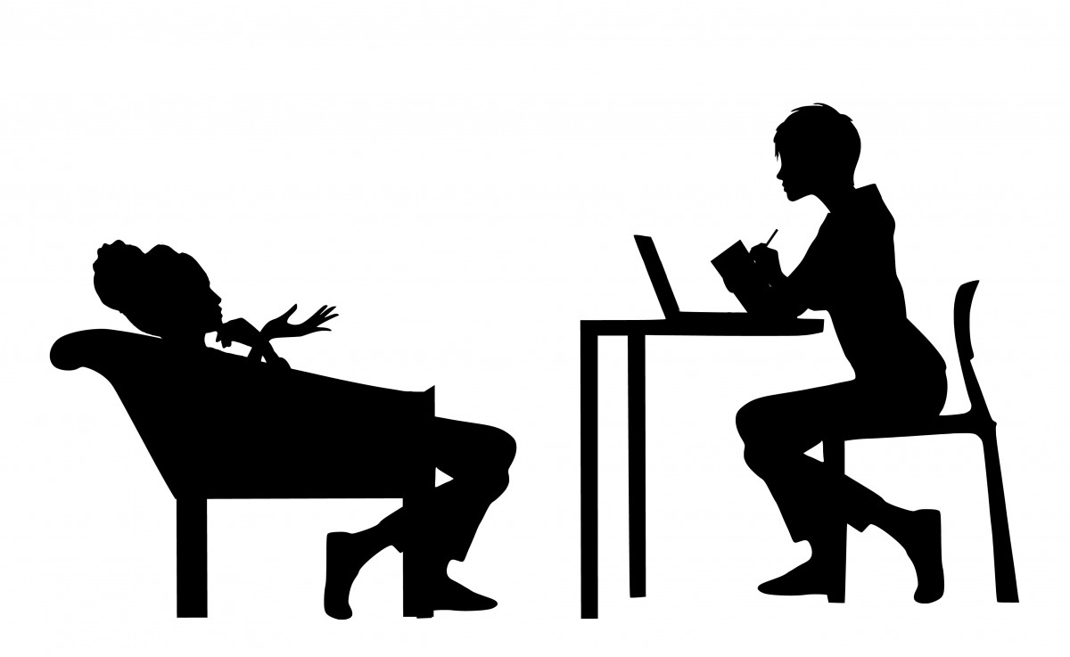 A black-and-white illustration shows a counselor talking with a client.