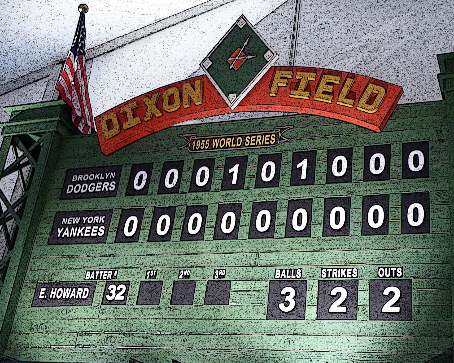 A reproduction of a 1938 World Series scoreboard for the Brooklyn Dodgers and New York Yankees.