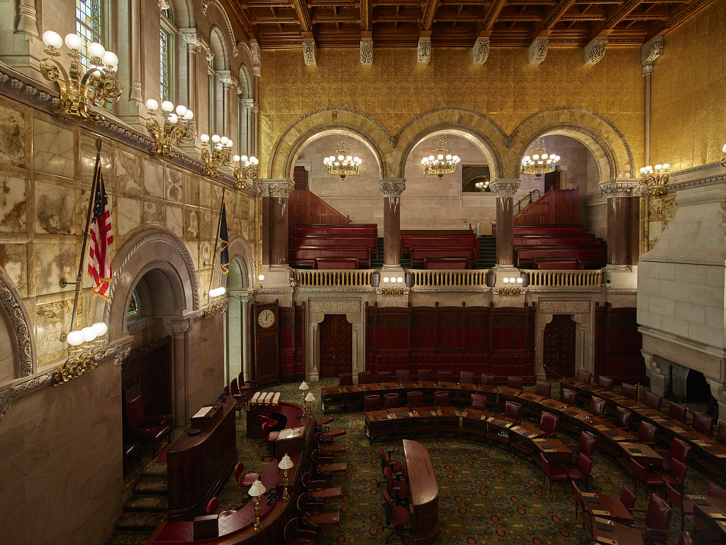The New York State Senate chamber inside the Capitol in Albany, New York.