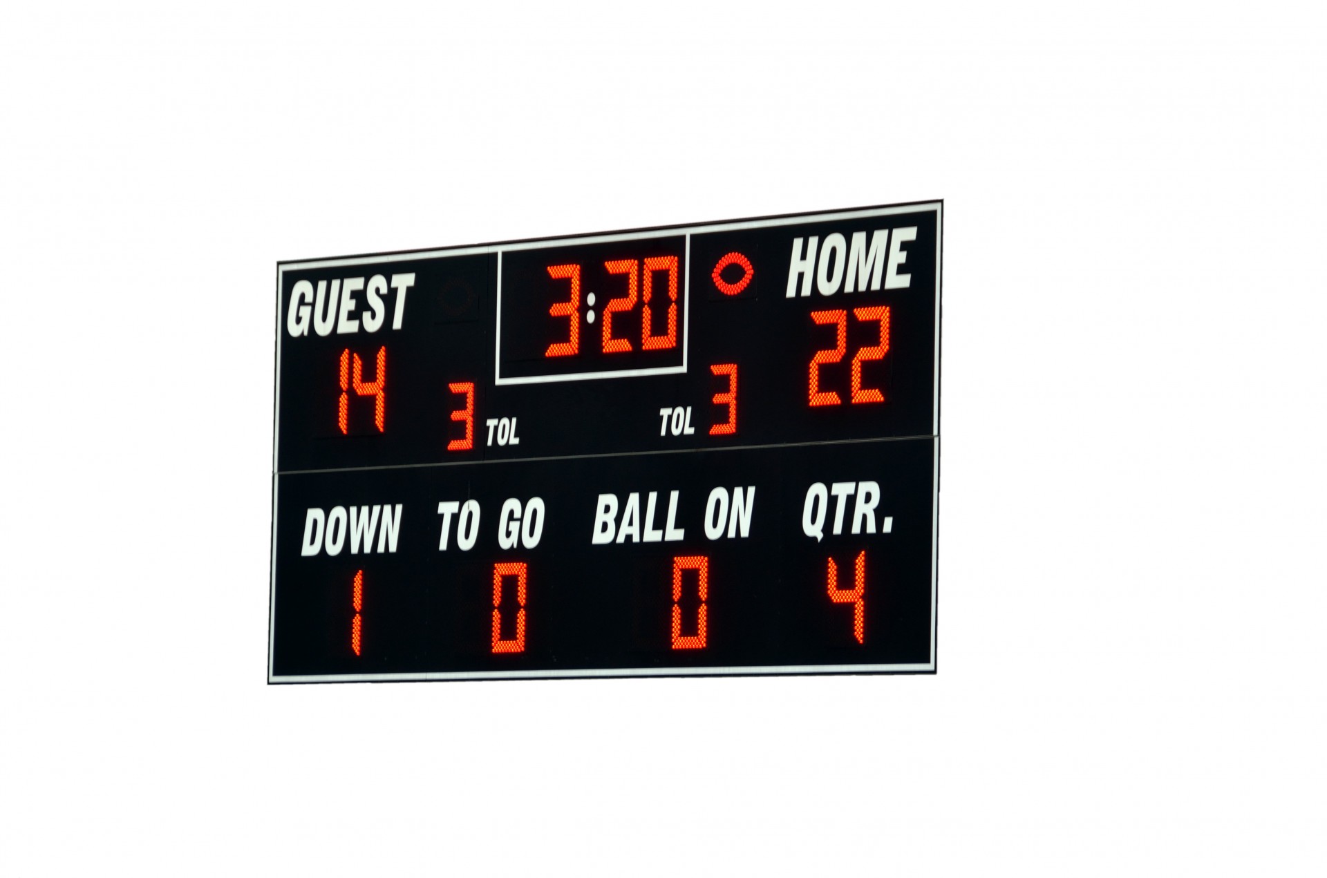 A football scoreboard displays the score and time remaining.
