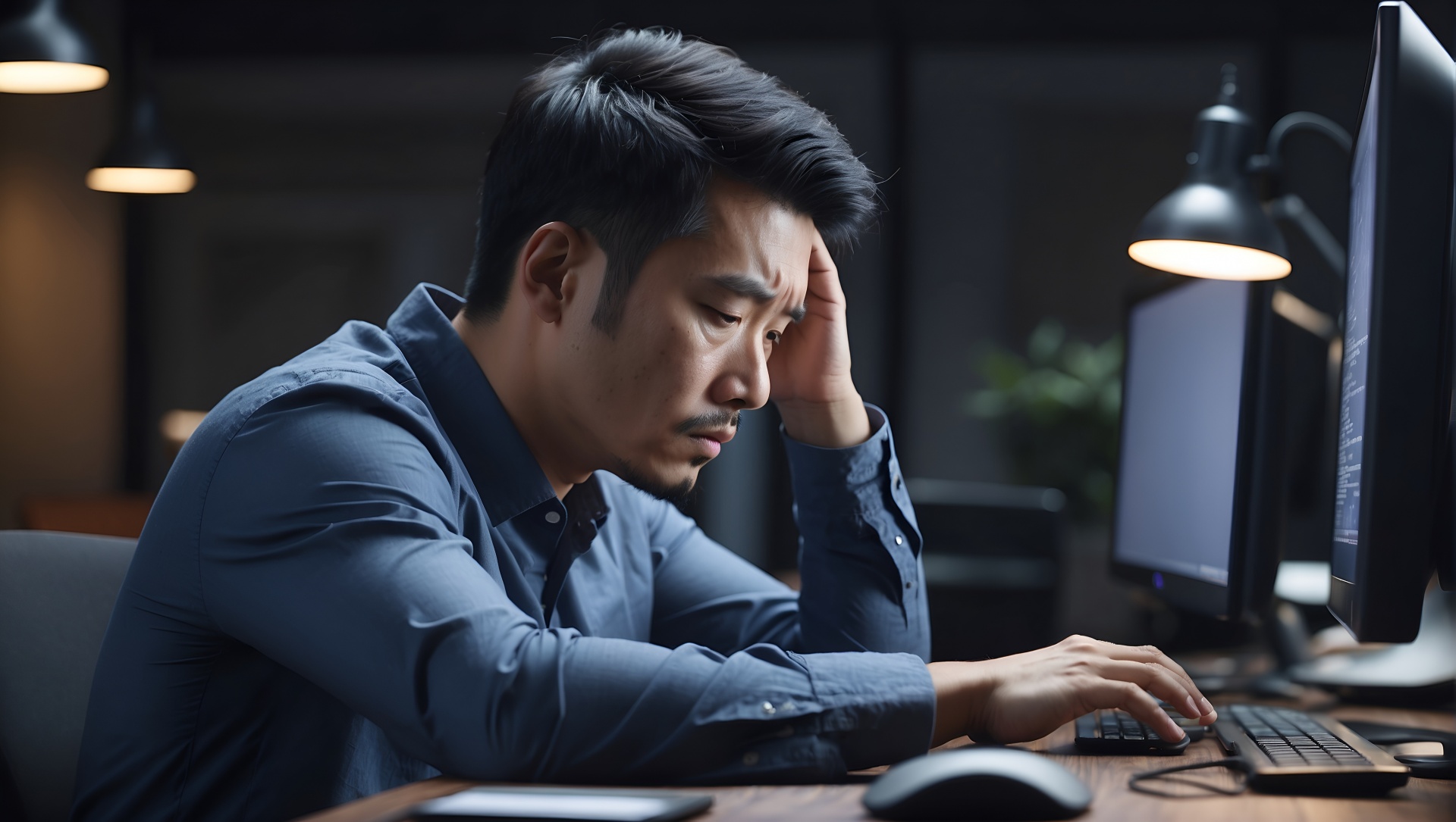 An illustration shows a person experiencing stress at a computer.