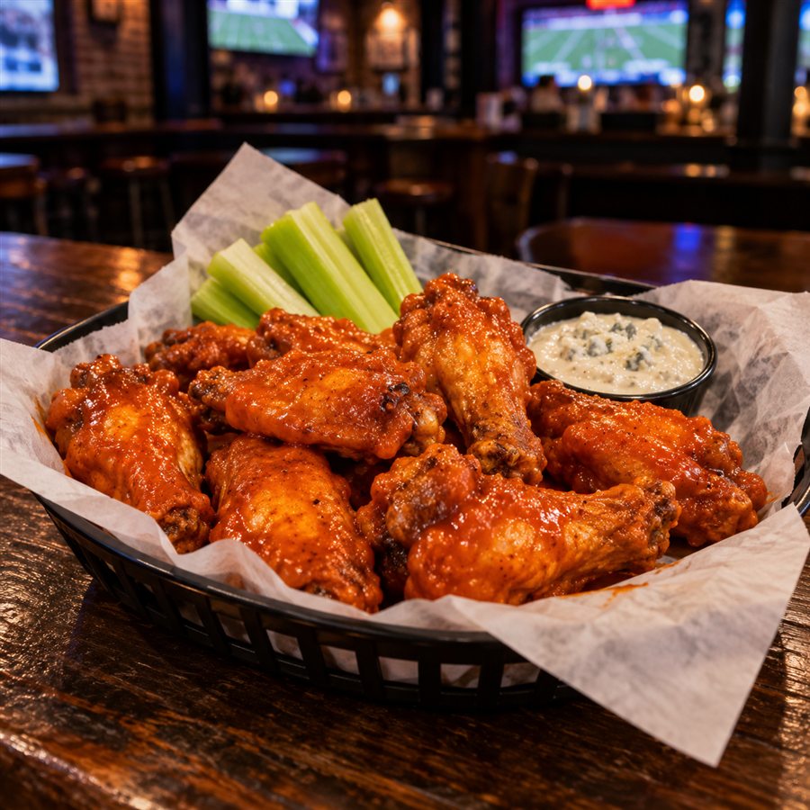 Buffalo-style wings with celery and blue-cheese dip