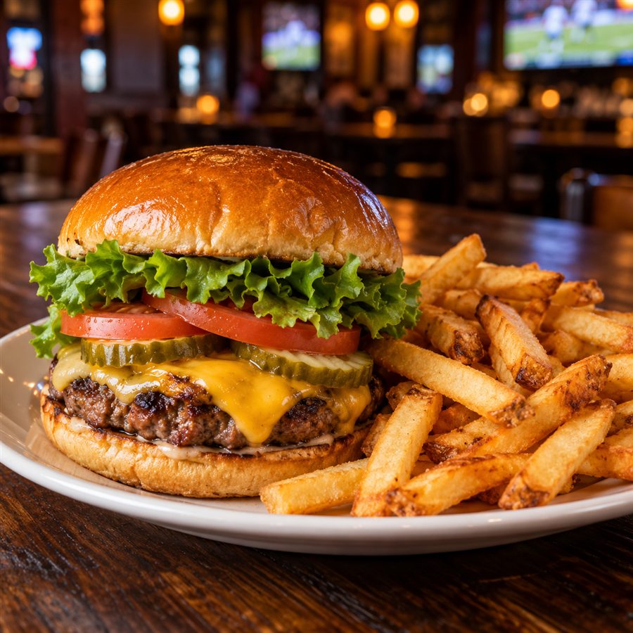 Cheeseburger served with golden fries
