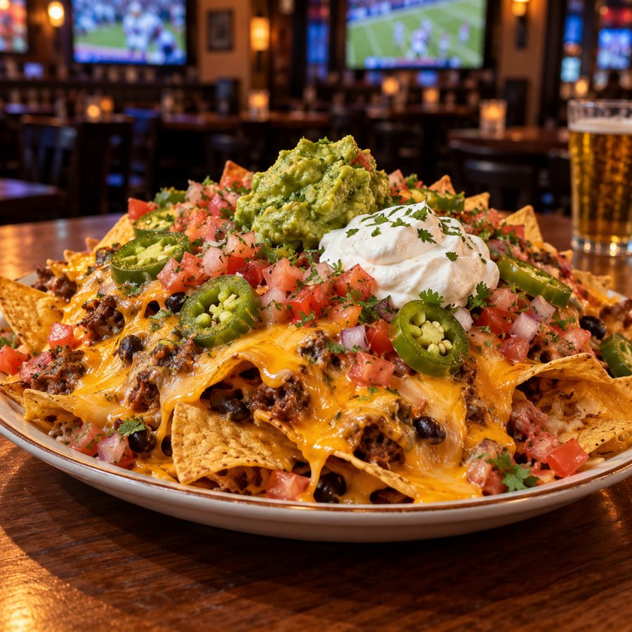 Loaded nachos with cheese, pico de gallo, sour cream, jalapenos, and guacamole