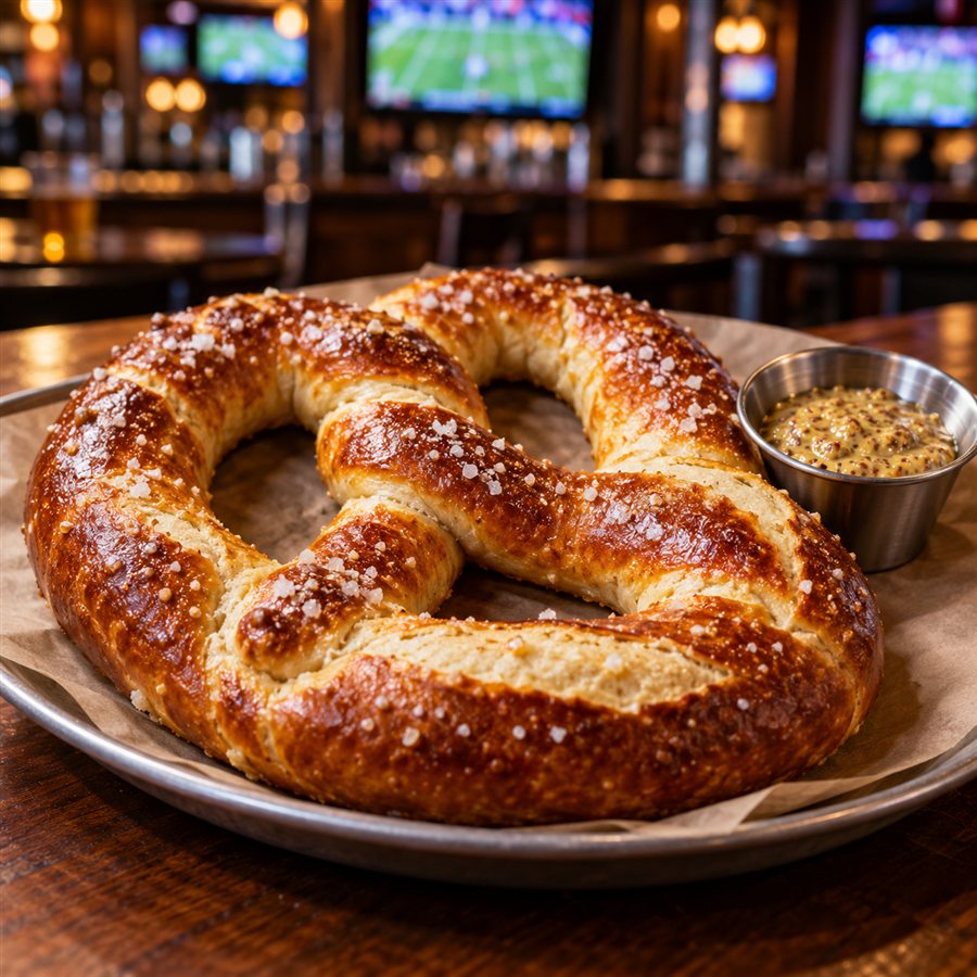 Golden soft pretzel served with mustard