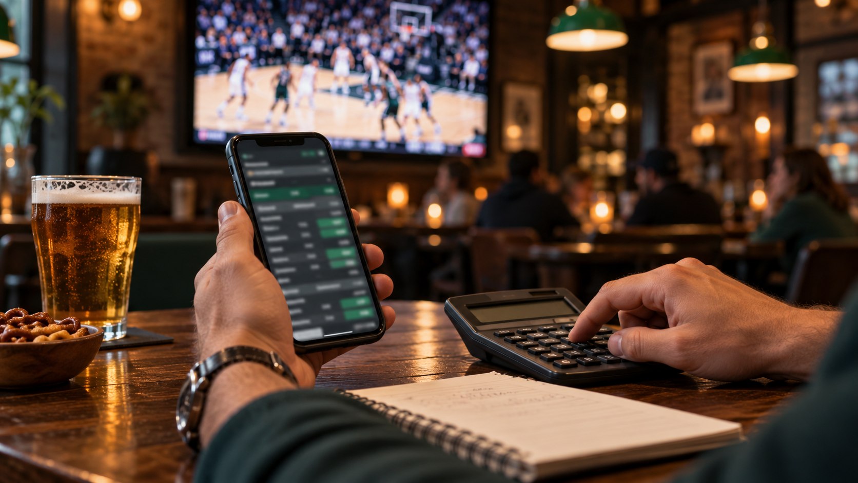 A fan compares a phone screen and calculator during a basketball game.