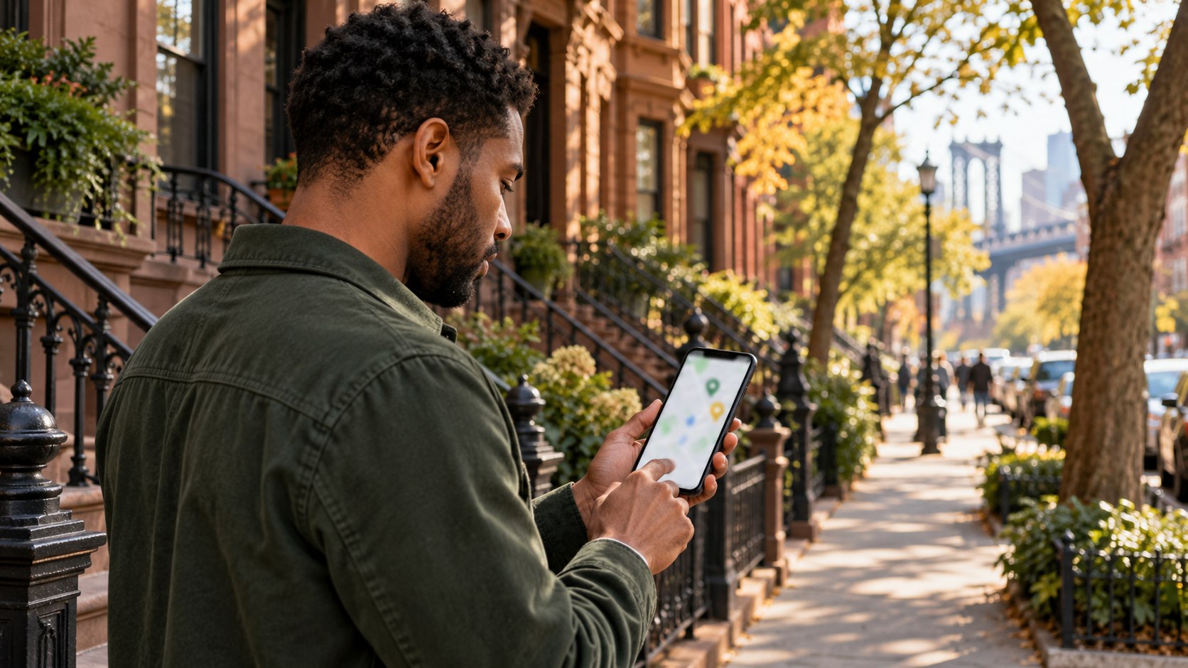 A Brooklyn resident checks a location map on a phone outside brownstone homes.