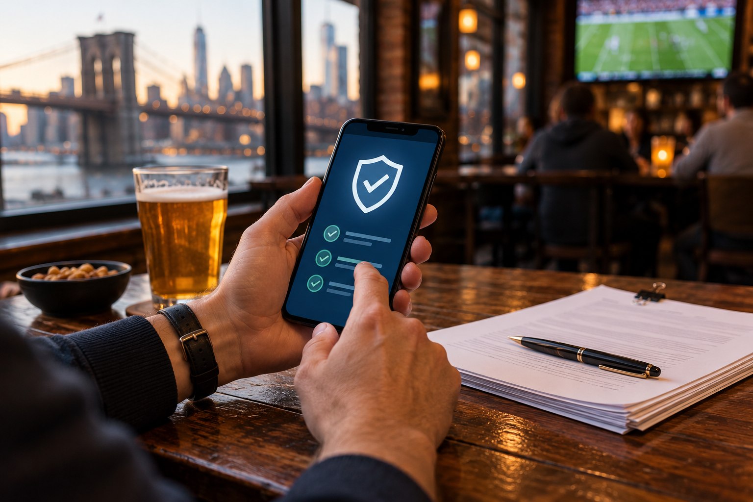 A phone and paperwork are reviewed at a table in a neighborhood sports pub.