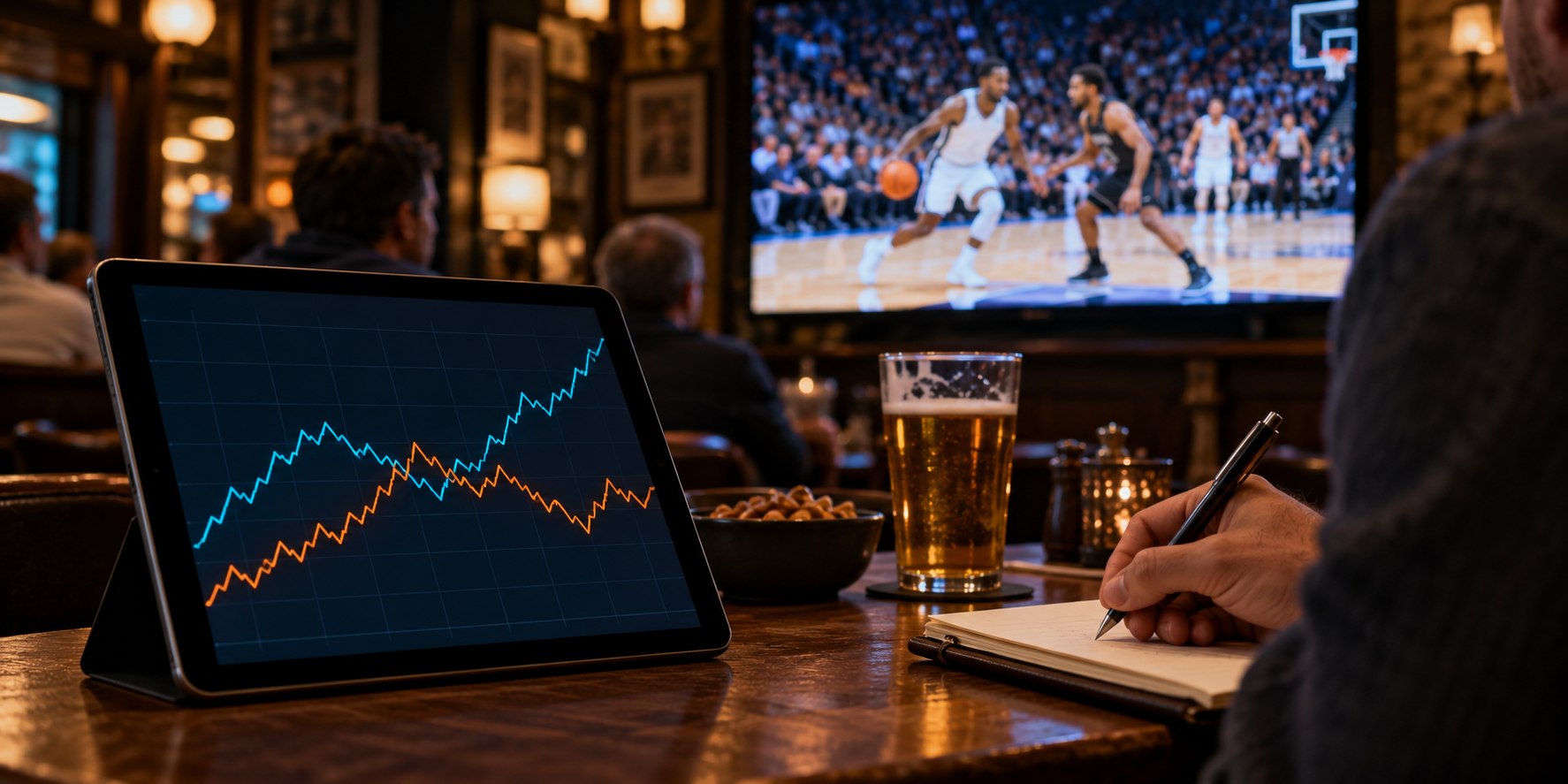 A tablet displays an unlabeled line chart beside a live basketball game.