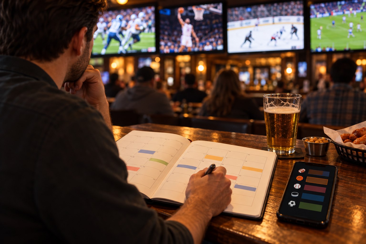A guest plans a sports viewing calendar at a pub table with games on screen.