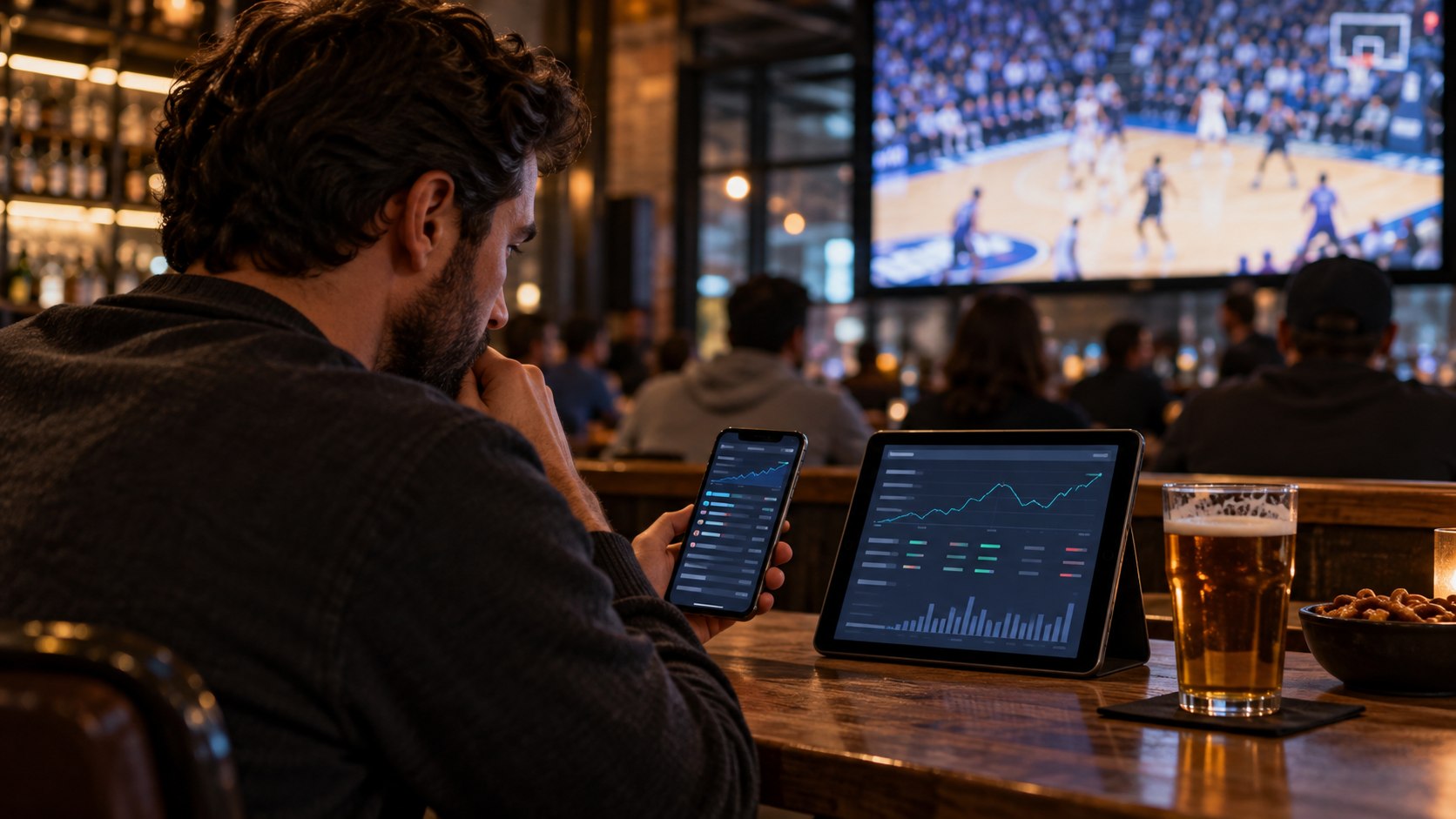 A fan compares generic sports market screens while following a basketball game.