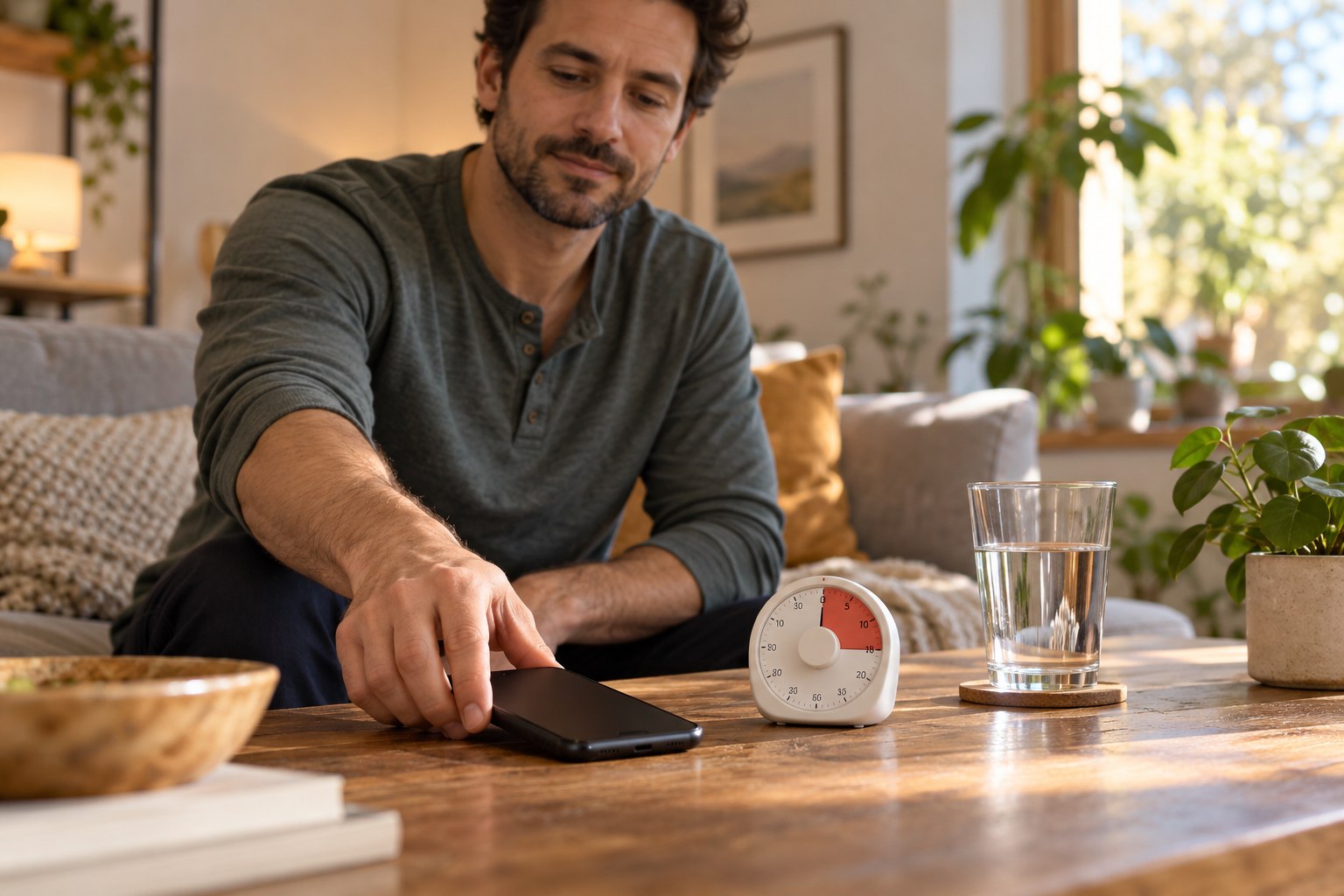A phone is set aside beside a timer and water glass in a quiet home.