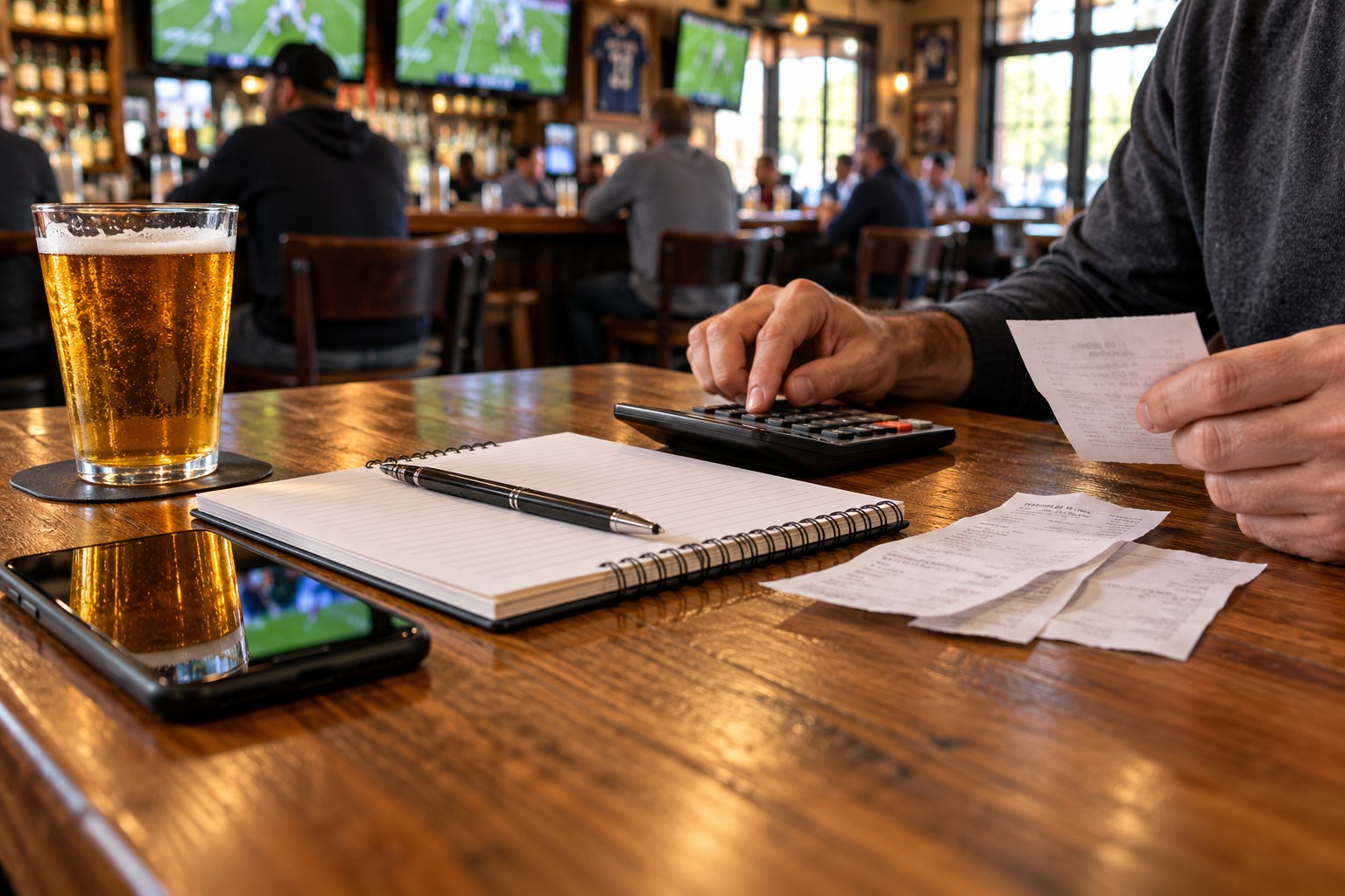 A calculator, notebook and phone are arranged for sports wagering record keeping.