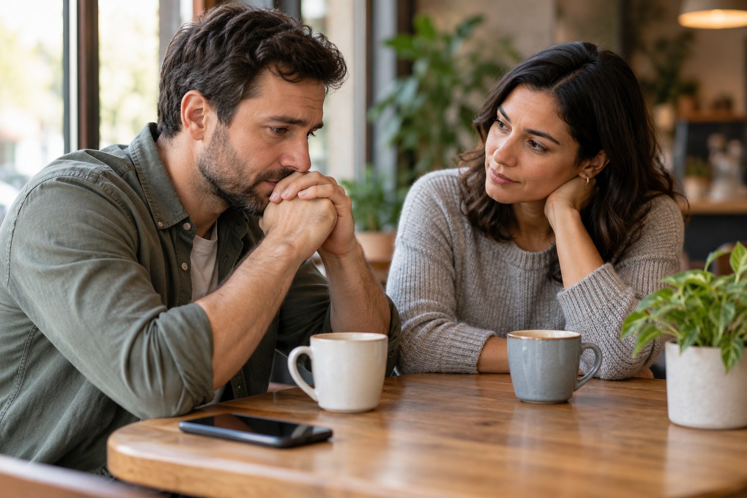 A trusted friend listens during a private conversation at a quiet coffee shop.